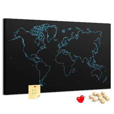 Korktafel Weltkarte auf schwarzem Hintergrund