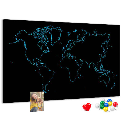 Korktafel Weltkarte auf schwarzem Hintergrund