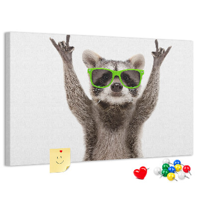 Korktafel mit Motiv verrückter Waschbär mit grüner Brille
