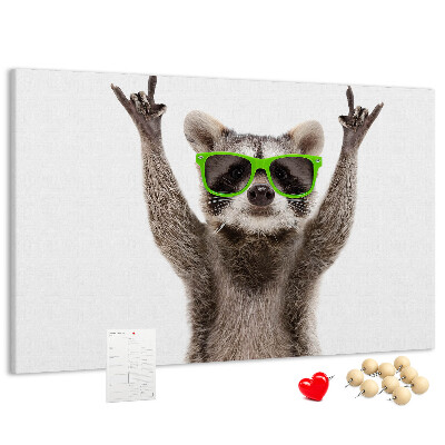 Korktafel mit Motiv verrückter Waschbär mit grüner Brille