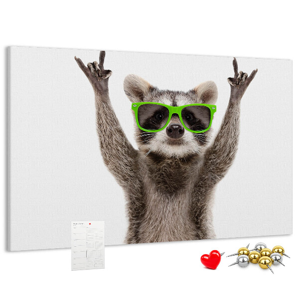Korktafel mit Motiv verrückter Waschbär mit grüner Brille
