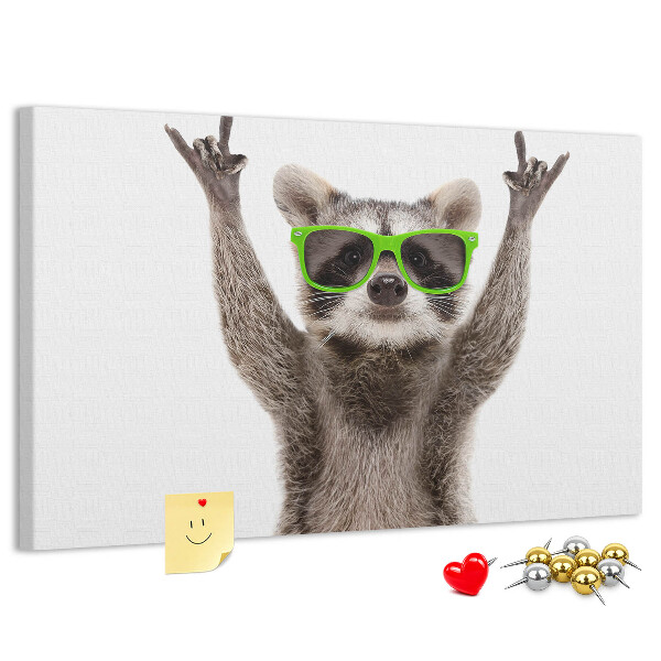 Korktafel mit Motiv verrückter Waschbär mit grüner Brille