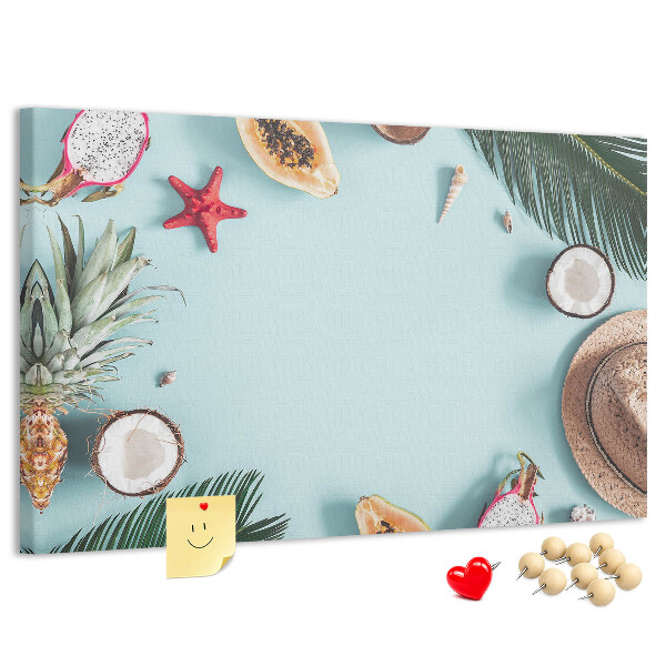 Kork-Pinnwand mit Motiv tropische Früchte und Strandaccessoires