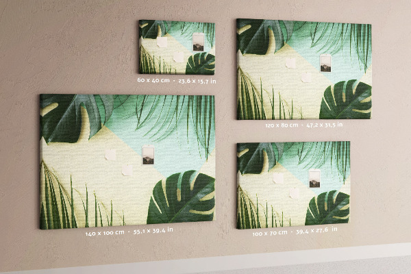 Kork-Pinnwand mit Motiv tropische Blätter auf pastellfarbenem Hintergrund