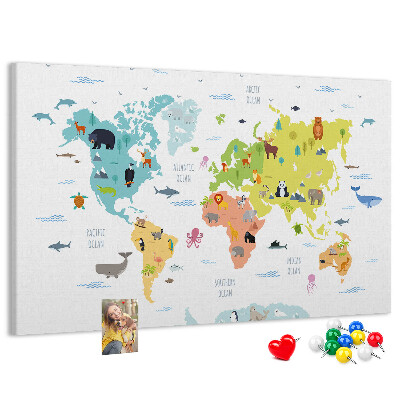 Weltkarte mit Tierillustrationen auf Korkrückwand