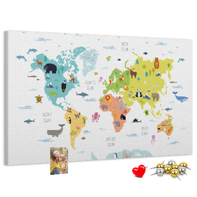Weltkarte mit Tierillustrationen auf Korkrückwand