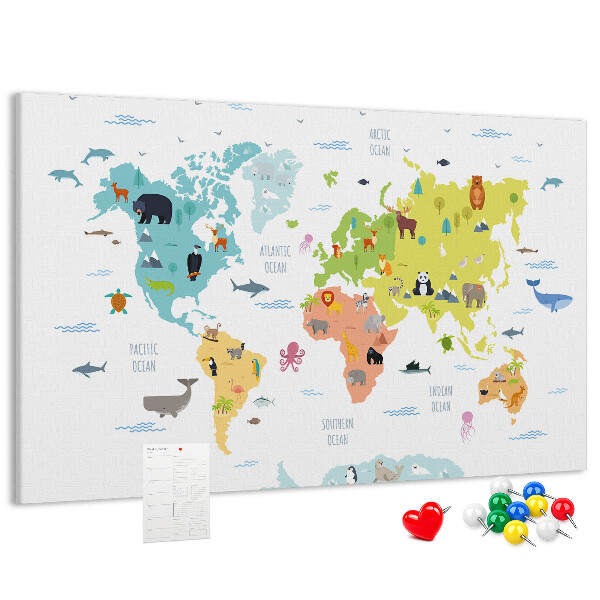 Weltkarte mit Tierillustrationen auf Korkrückwand