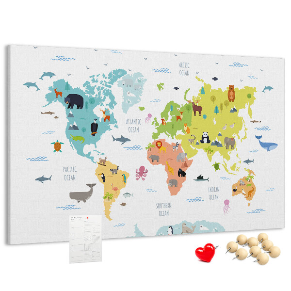 Weltkarte mit Tierillustrationen auf Korkrückwand