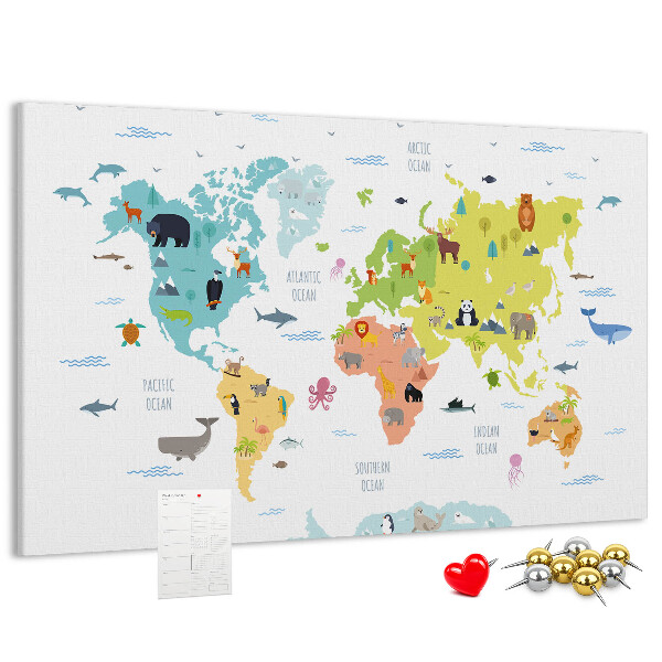 Weltkarte mit Tierillustrationen auf Korkrückwand