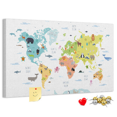 Weltkarte mit Tierillustrationen auf Korkrückwand