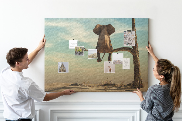 Korktafel mit Motiv Elefant auf einem Ast in einer Wüstenlandschaft