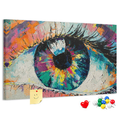 Wandbild mit Korkrückwand farbenfrohes Auge mit dynamischen Pinselstrichen