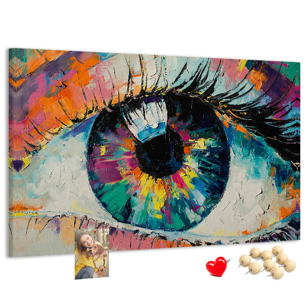 Wandbild mit Korkrückwand farbenfrohes Auge mit dynamischen Pinselstrichen