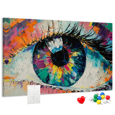 Wandbild mit Korkrückwand farbenfrohes Auge mit dynamischen Pinselstrichen