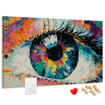 Wandbild mit Korkrückwand farbenfrohes Auge mit dynamischen Pinselstrichen