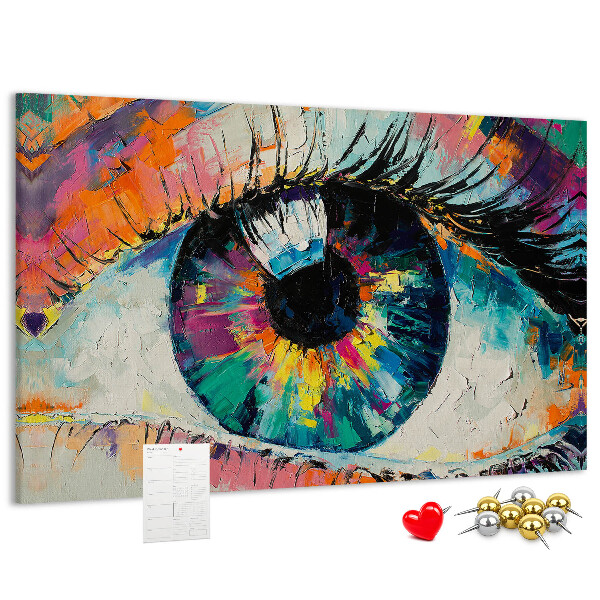 Wandbild mit Korkrückwand farbenfrohes Auge mit dynamischen Pinselstrichen