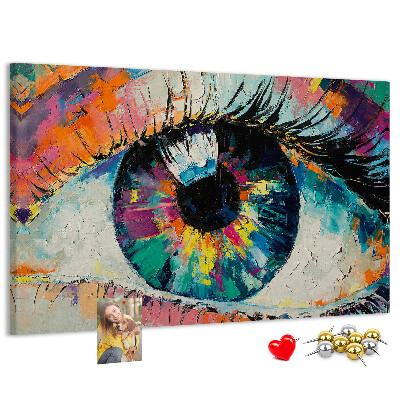Wandbild mit Korkrückwand farbenfrohes Auge mit dynamischen Pinselstrichen