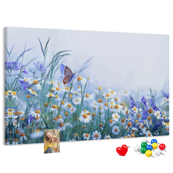 Kork-Pinnwand mit Wiesenmotiv, Schmetterlingen und Blumen