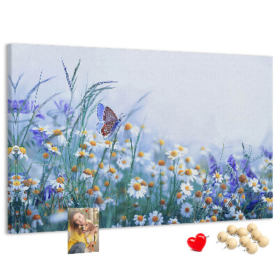 Kork-Pinnwand mit Wiesenmotiv, Schmetterlingen und Blumen