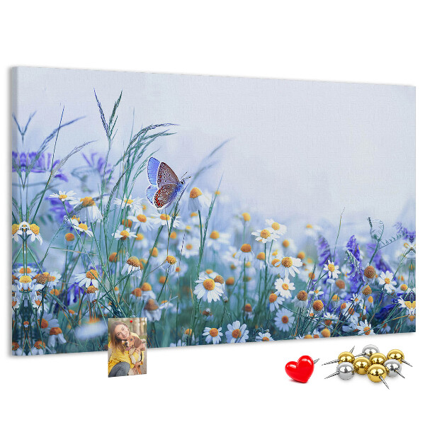 Kork-Pinnwand mit Wiesenmotiv, Schmetterlingen und Blumen