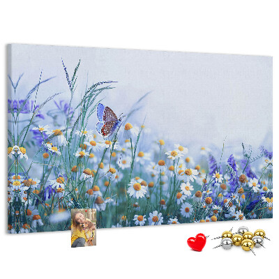 Kork-Pinnwand mit Wiesenmotiv, Schmetterlingen und Blumen