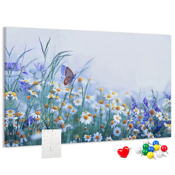 Kork-Pinnwand mit Wiesenmotiv, Schmetterlingen und Blumen