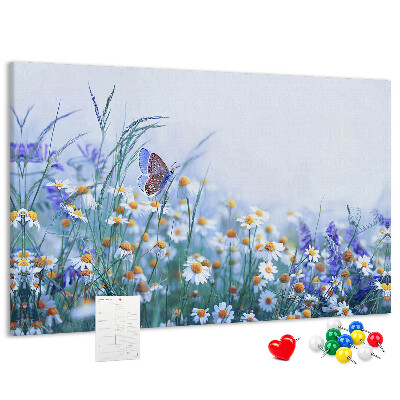 Kork-Pinnwand mit Wiesenmotiv, Schmetterlingen und Blumen