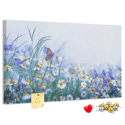 Kork-Pinnwand mit Wiesenmotiv, Schmetterlingen und Blumen