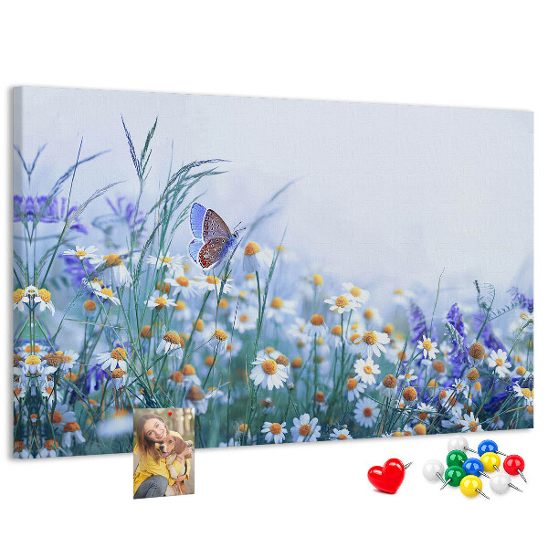 Kork-Pinnwand mit Wiesenmotiv, Schmetterlingen und Blumen