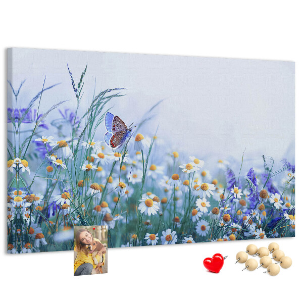 Kork-Pinnwand mit Wiesenmotiv, Schmetterlingen und Blumen