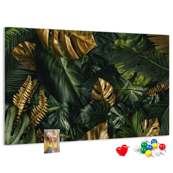 Kork-Pinnwand mit Motiv goldene Blätter auf dunkelgrünem Hintergrund