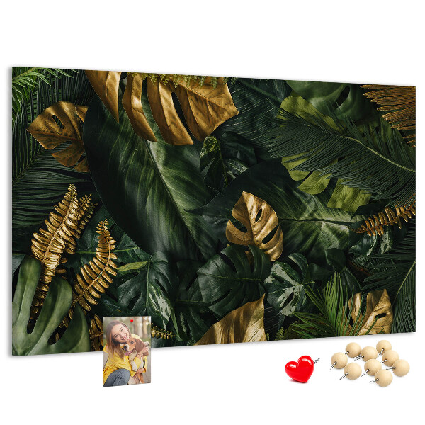 Kork-Pinnwand mit Motiv goldene Blätter auf dunkelgrünem Hintergrund