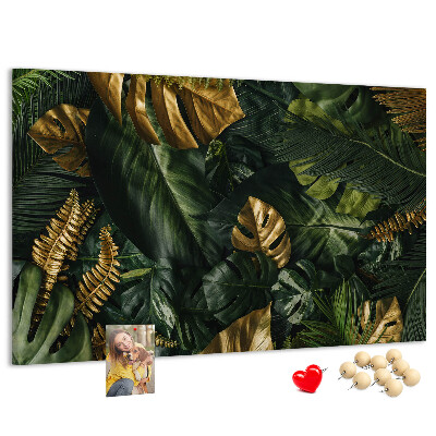 Kork-Pinnwand mit Motiv goldene Blätter auf dunkelgrünem Hintergrund