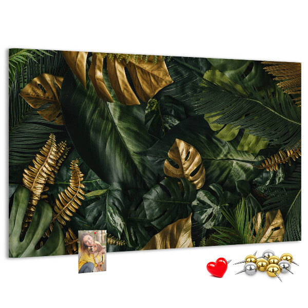 Kork-Pinnwand mit Motiv goldene Blätter auf dunkelgrünem Hintergrund