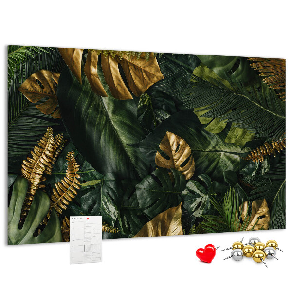 Kork-Pinnwand mit Motiv goldene Blätter auf dunkelgrünem Hintergrund