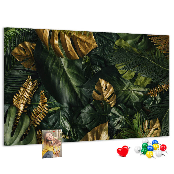 Kork-Pinnwand mit Motiv goldene Blätter auf dunkelgrünem Hintergrund
