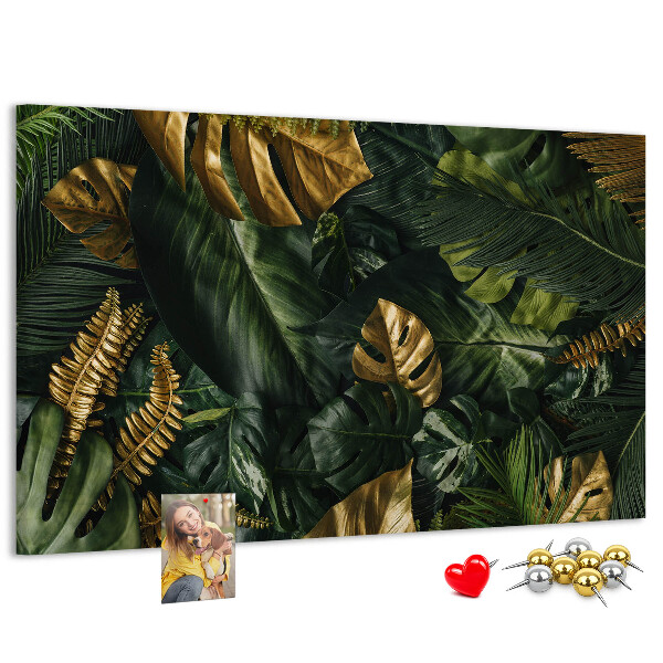 Kork-Pinnwand mit Motiv goldene Blätter auf dunkelgrünem Hintergrund