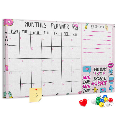 Korktafel bunter Monatsplaner mit Motiven