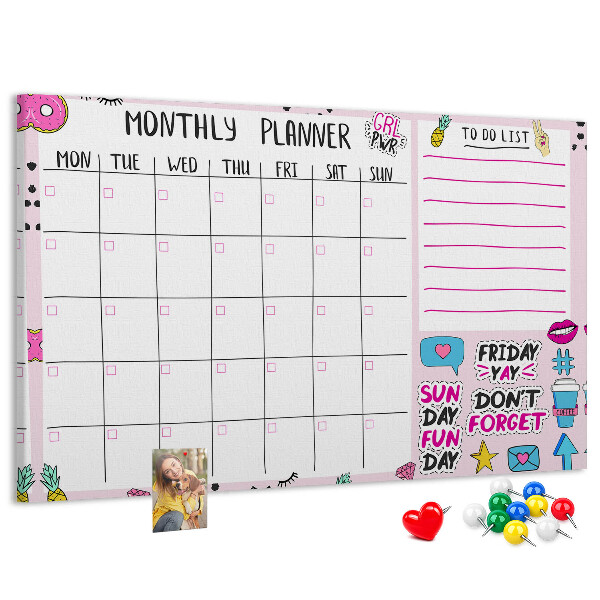 Korktafel bunter Monatsplaner mit Motiven