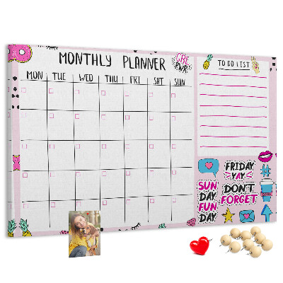 Korktafel bunter Monatsplaner mit Motiven