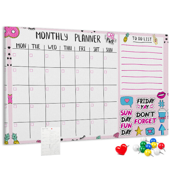 Korktafel bunter Monatsplaner mit Motiven