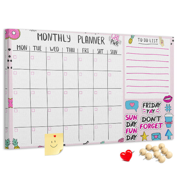 Korktafel bunter Monatsplaner mit Motiven