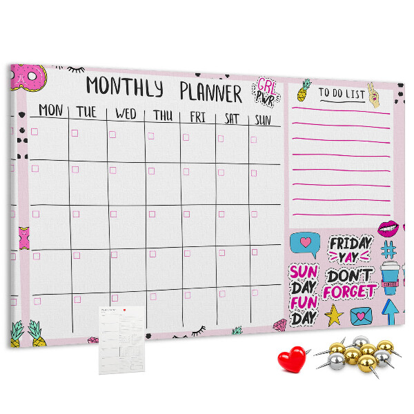 Korktafel bunter Monatsplaner mit Motiven
