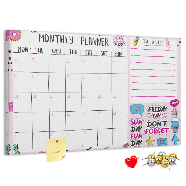 Korktafel bunter Monatsplaner mit Motiven
