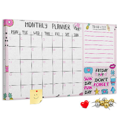 Korktafel bunter Monatsplaner mit Motiven