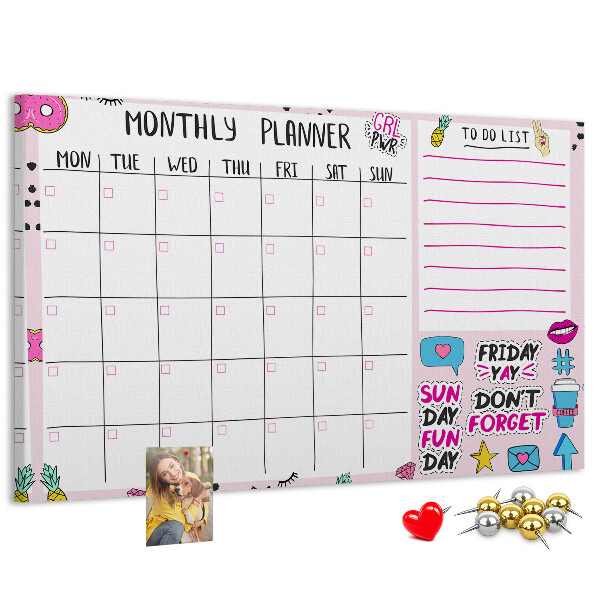 Korktafel bunter Monatsplaner mit Motiven