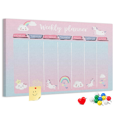 Korktafel Wochenplaner mit bunten Einhörnern