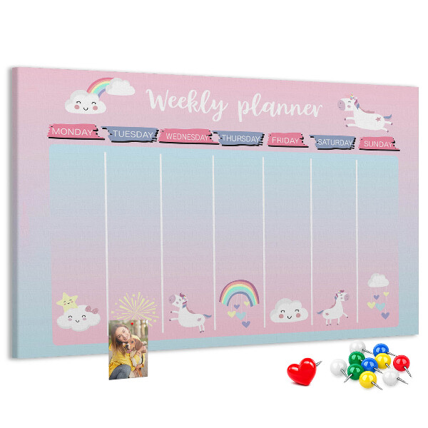 Korktafel Wochenplaner mit bunten Einhörnern