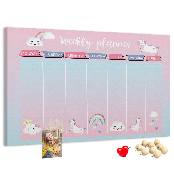 Korktafel Wochenplaner mit bunten Einhörnern