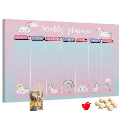 Korktafel Wochenplaner mit bunten Einhörnern